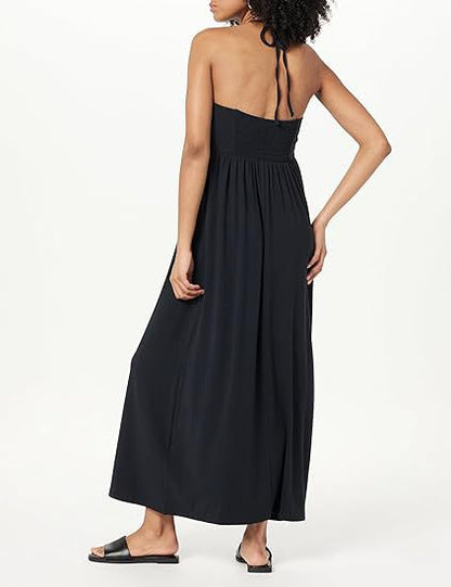 V-Neck Halter Backless Pleated Sleeveless Dress