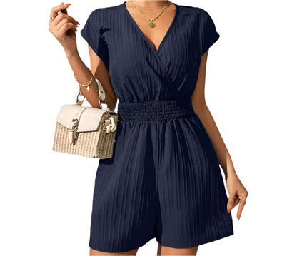 Jacquard Striped Smocking Cross Collar Bandage Bow Romper