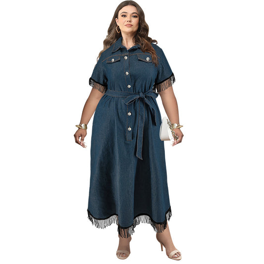 Plus Size Short Sleeve Tassel Collar Decorated with Buttons Belt Dress