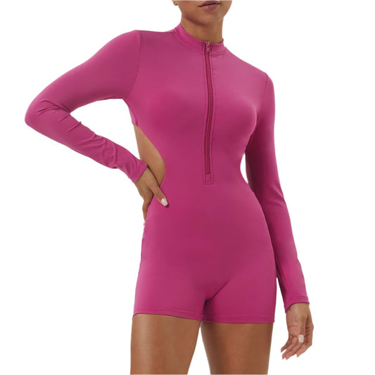 Cinched Long Sleeved Yoga Half Zip Workout Romper