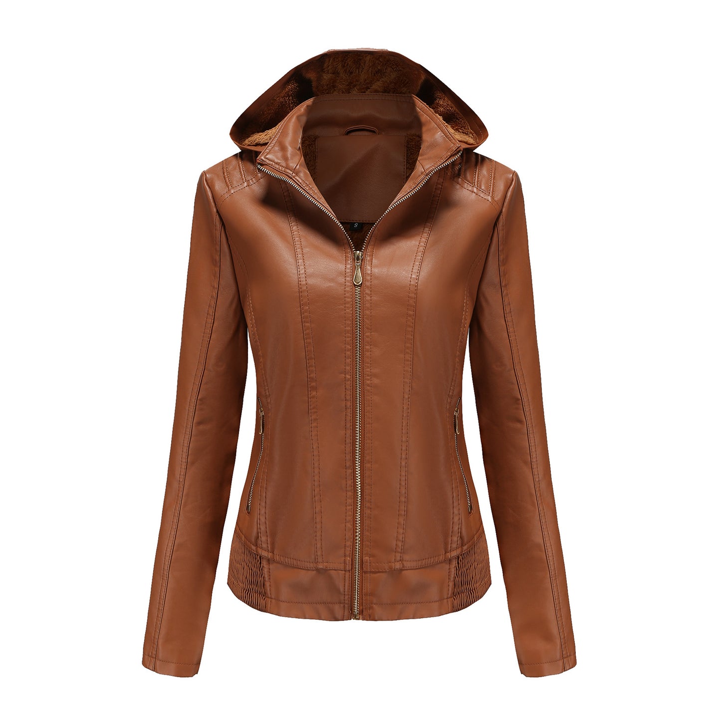 Hooded Leather Detachable Hat Long Sleeve Zipper Fleece-Lined Leather Jacket