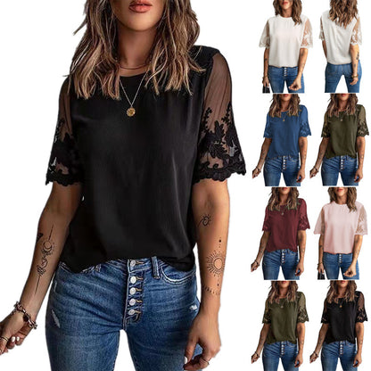 Short Lace Sleeve Chiffon Shirt