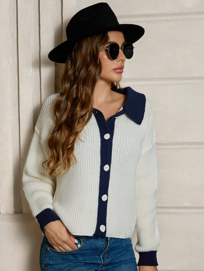 Polo Collar Long Sleeved Knitted Cardigan