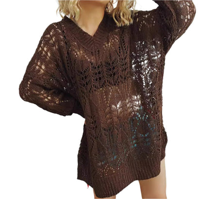 Retro Hollow Cutout Long Sleeve Knitted Sweater