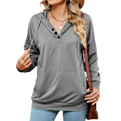 Solid Color Buttons Drawstring Pocket Loose Long-Sleeve Sweatershirt