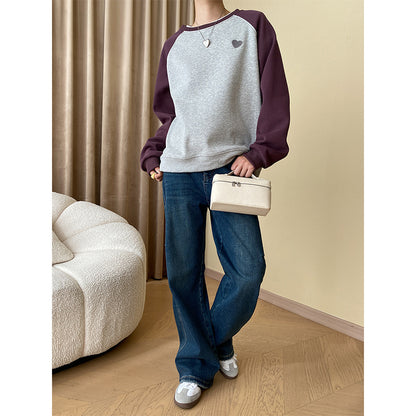 Casual Raglan Love Embroidered Crew Neck Loose Fitting Fleece Pullover