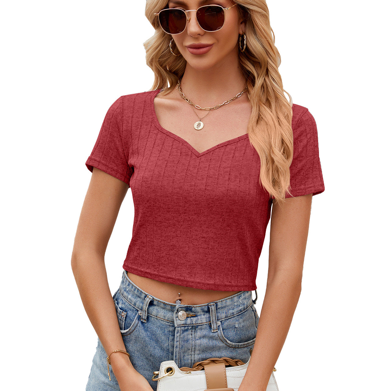 V-Neck Short Sleeved Crop Top