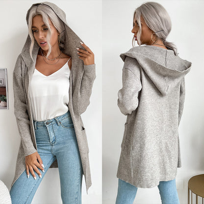 Hooded Sunken Stripe Knitted Sweater Cardigan