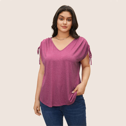 Plus Size Drawstring V-neck Solid Color Casual Loose Short Sleeves Top