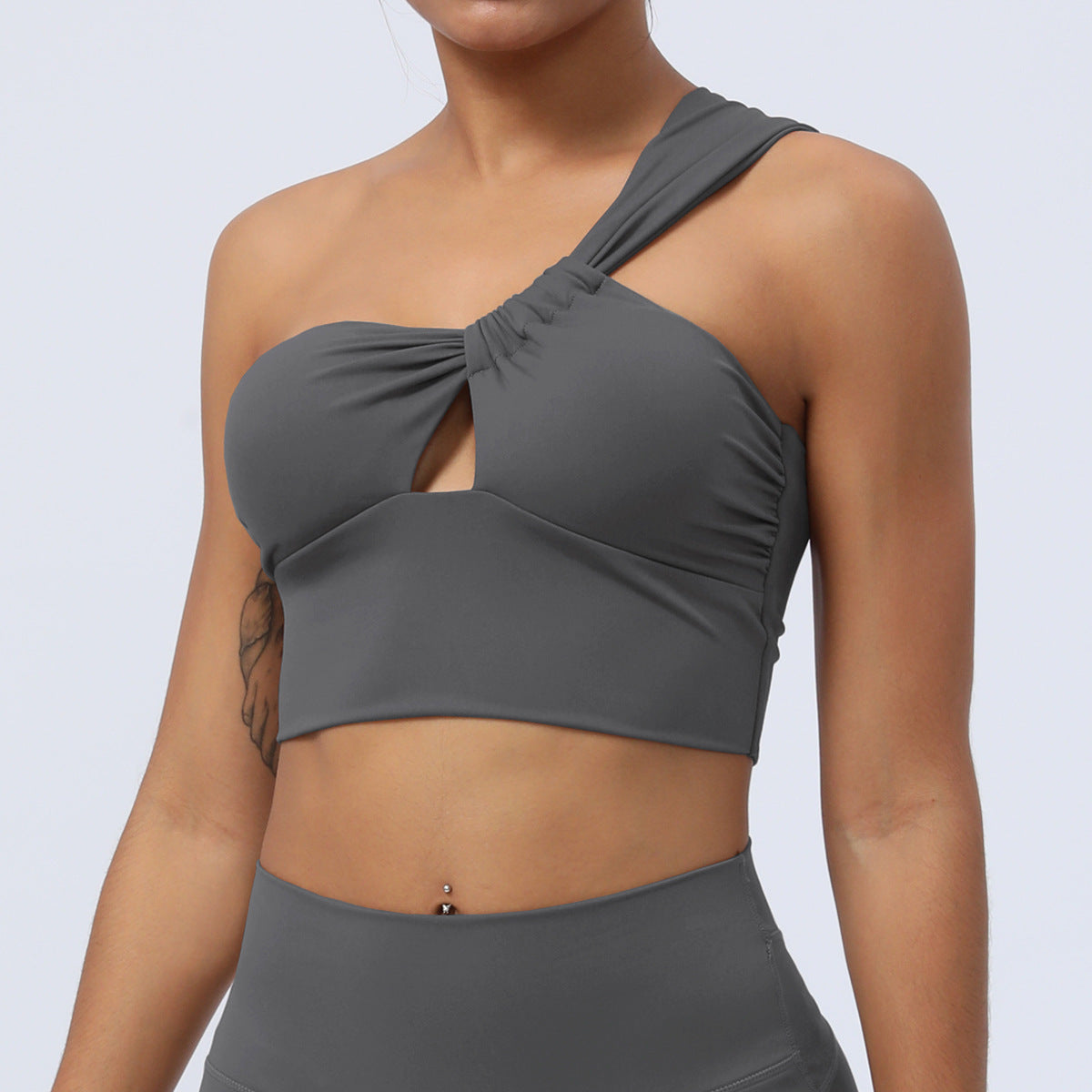 Pleated Hollow Cutout Yoga One Shoulder Asymmetric Sports Bra