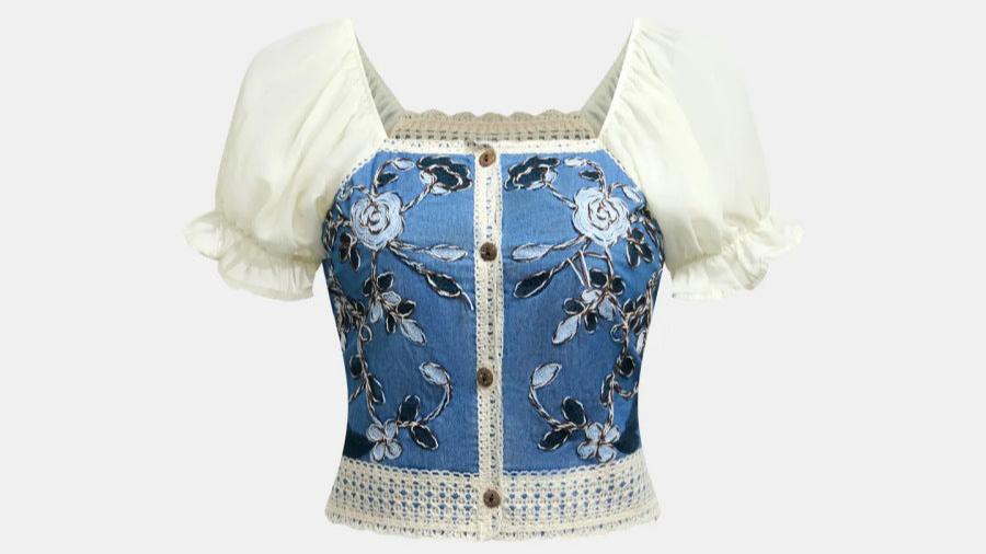 French Faux Denim Embroidery Floral Square Collar Chiffon Stitching Crop Top