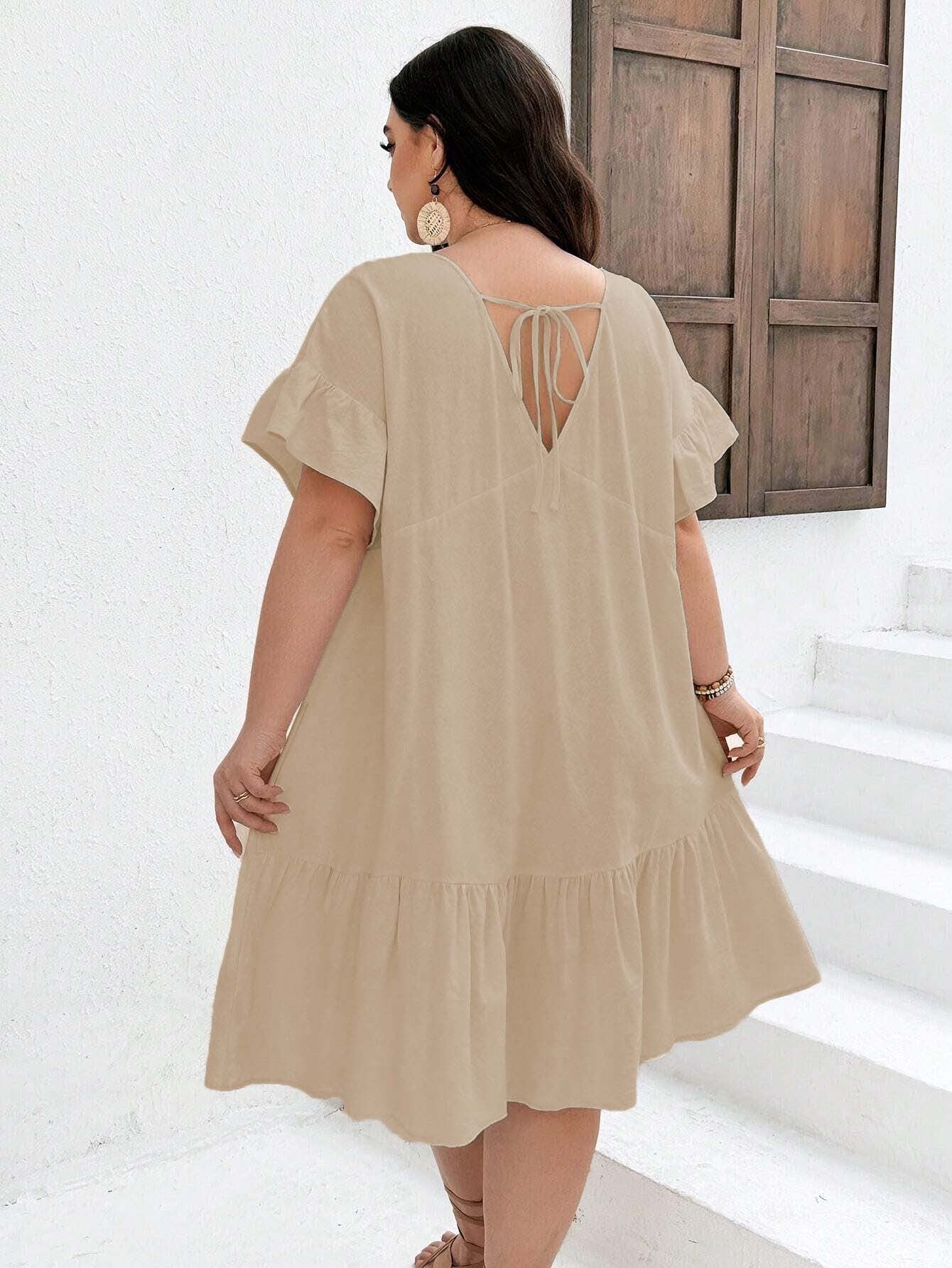 Plus Size Casual V-Neck High Waist Rucked A-Line Mid Length Dress