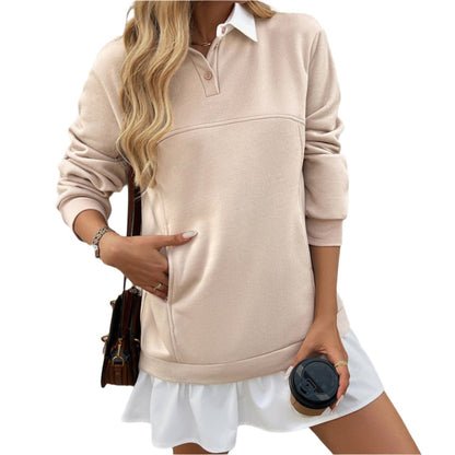 Casual Loose Pockets Stich Polo Collar Sweater Dress