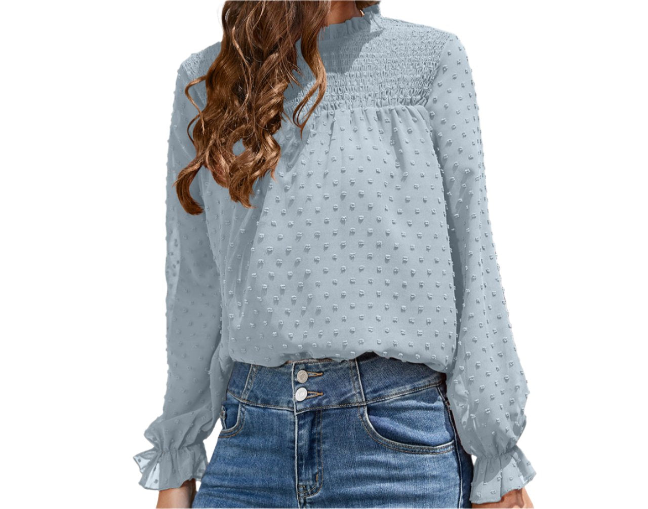 Chiffon Smocking Long Sleeve Shirt Top