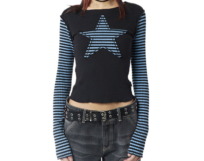 Five Pointed Star Stripes Long Sleeve T-shirt Top