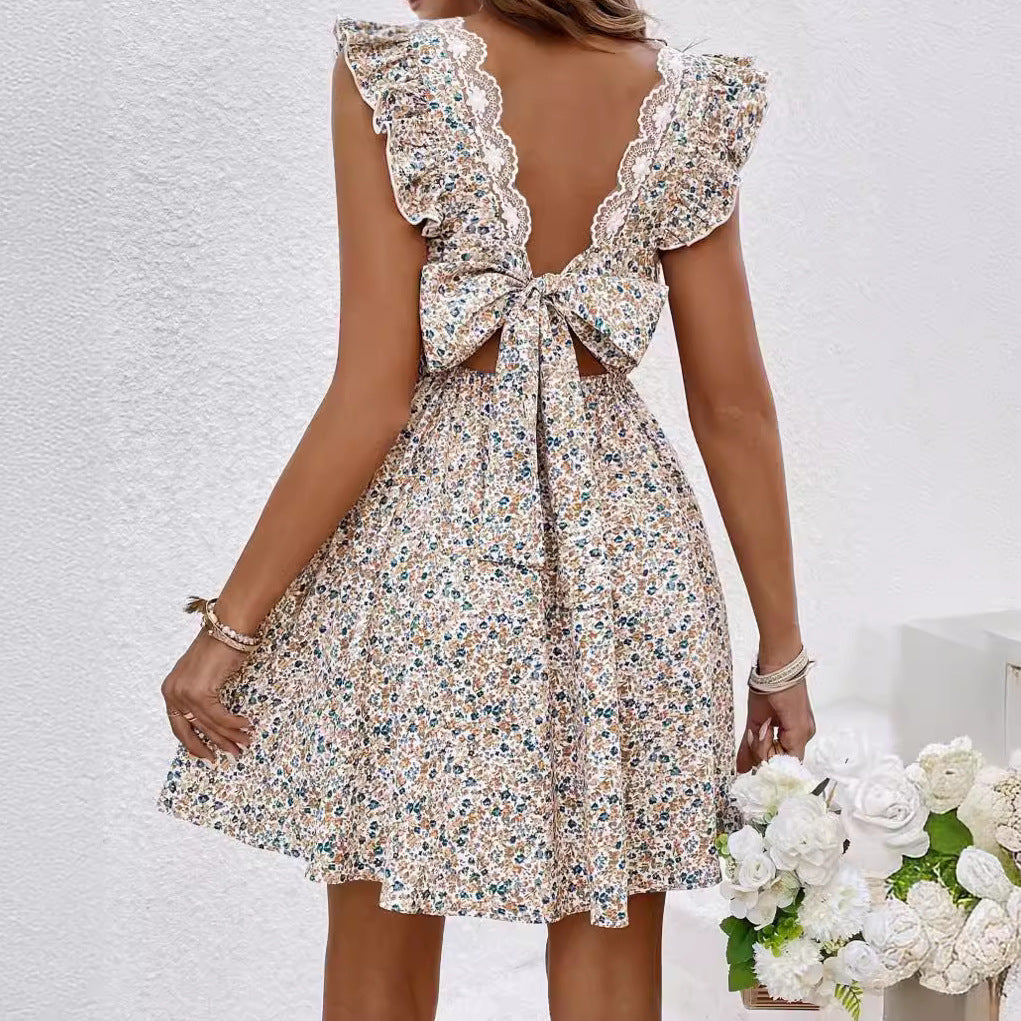 Floral Print Ruffles Cover Sleeve V-Neck Lace-up Backless A-Line Dress