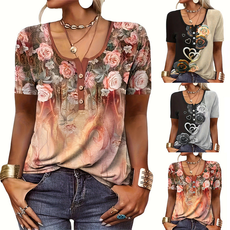 Loose Short Sleeved Printed Ethnic Shirt