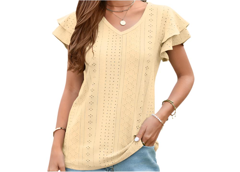 Mesh Hollow Cutout Ruffle Sleeve Casual Top