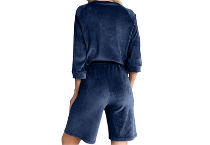 Velvet Warm Three Quarter Sleeve Shorts Two Piece Loungewear