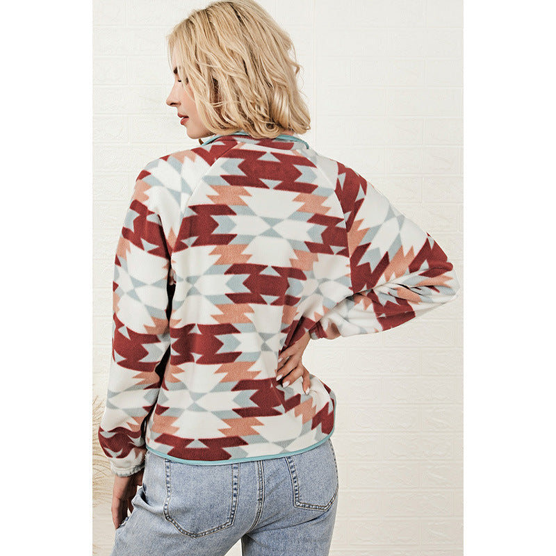 Geometric Abstract Fleece Printed Long Sleeve Jacket