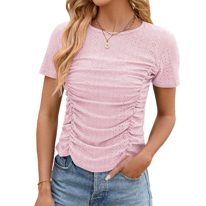 Spring Solid Color Pleated Short Sleeve Top