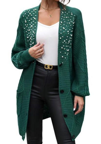 Green Knitwear Mid-Length Beaded Sweater Cardigan