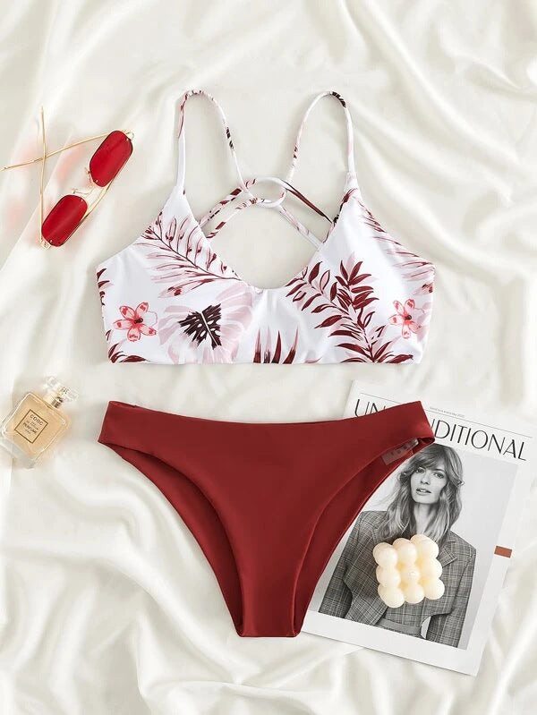 Floral Swimsuit Criss Cross Split Bikini