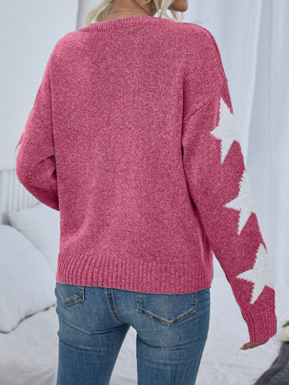 Long Sleeved Knitted Jacquard Round Neck Pullover Sweater