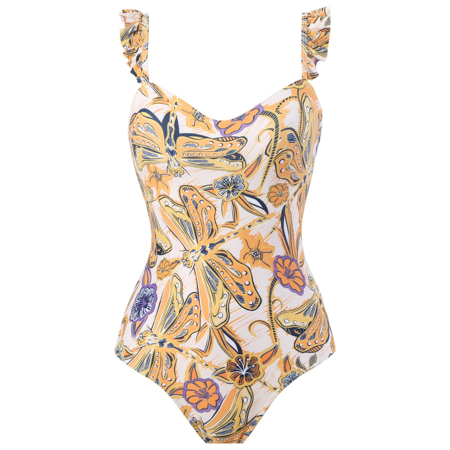 Retro Print Ruffle Strap Swimsuit