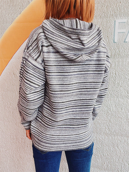 Hoodie Loose Striped Pullover Horn Button Sweater