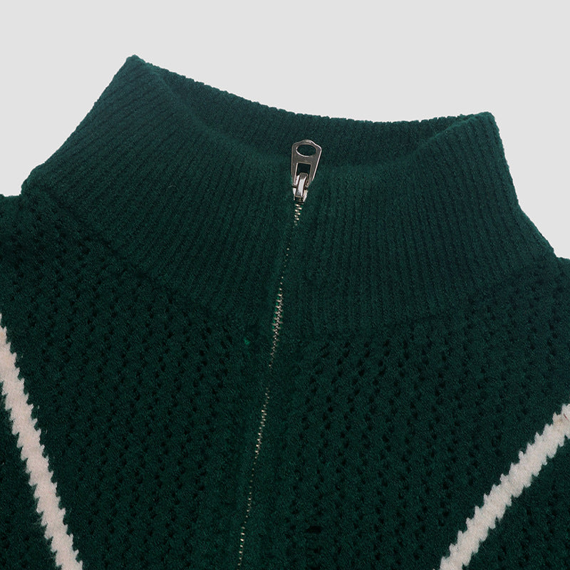 Contrast Color Zipper Half Cardigan Knitted Pullover Retro Sweater