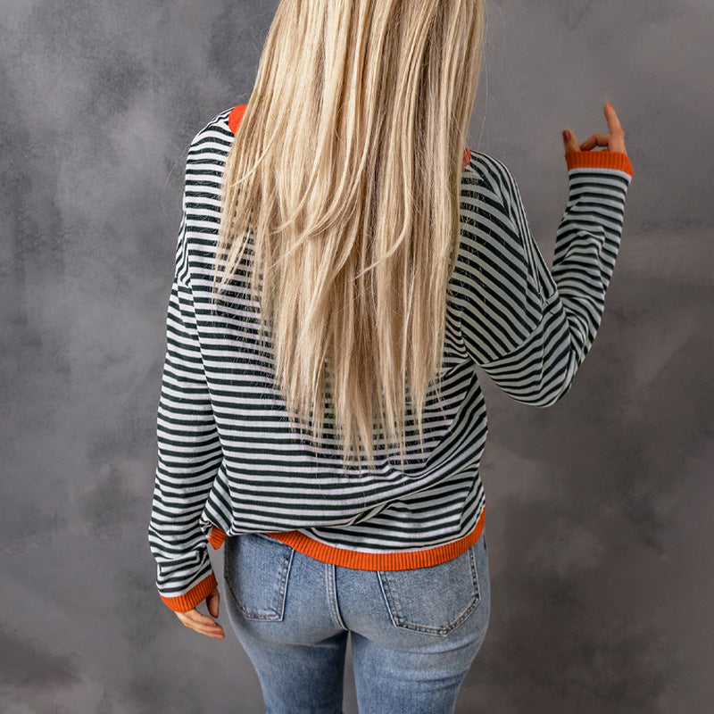 Contrast Color Trim Striped Off Shoulder Sweater