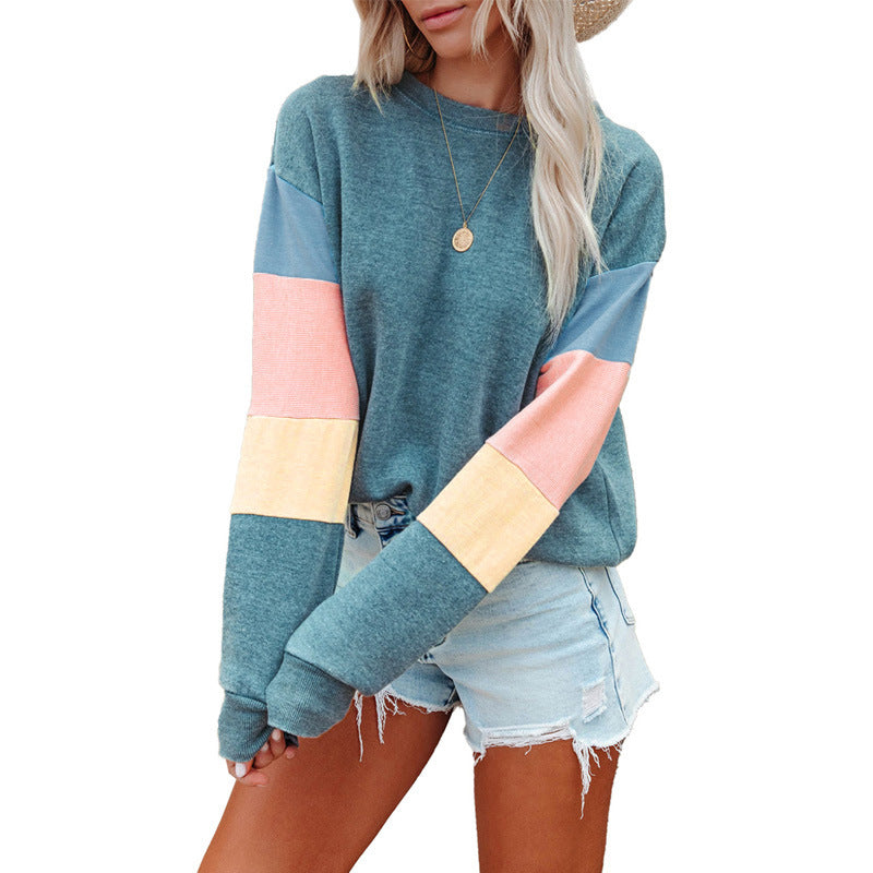 Round Neck Contrast Color Long Sleeve Pullover Sweatshirt