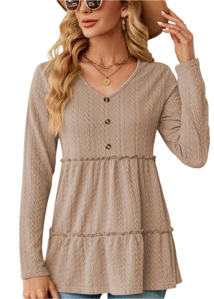 Solid Color V-Neck Button Stitching Loose Long Sleeved Top