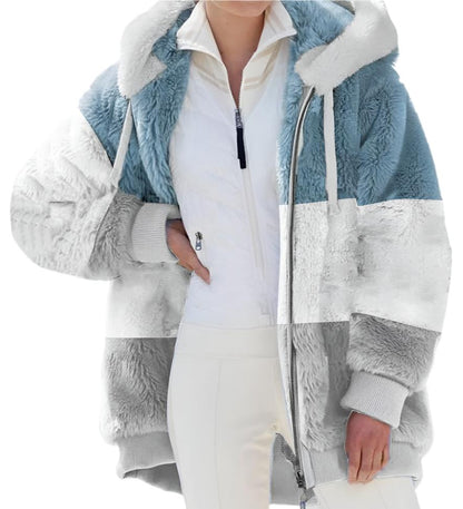 Warm Plush Patchwork Zipper Pocket Hooded Loose Coat