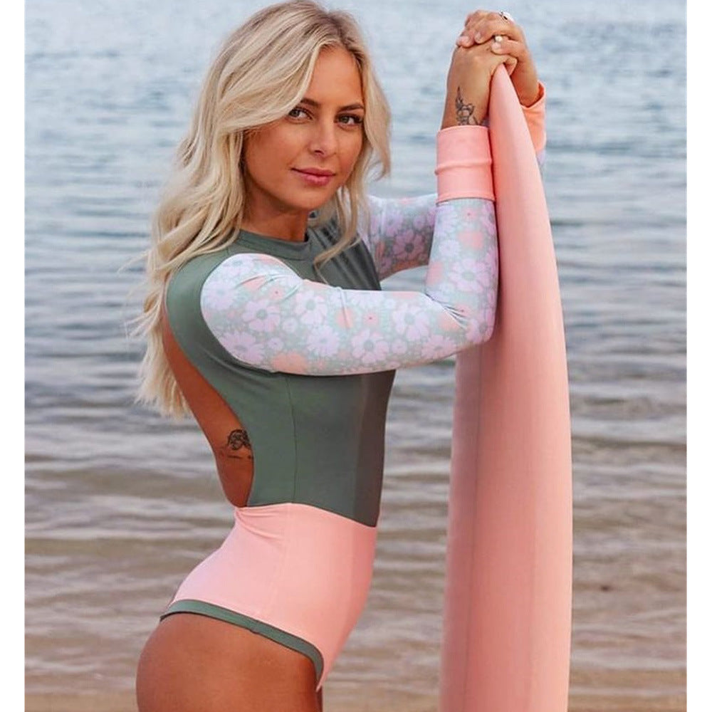 Printed Long Sleeves Surfing Suit Sexy Open Back Swimsuit