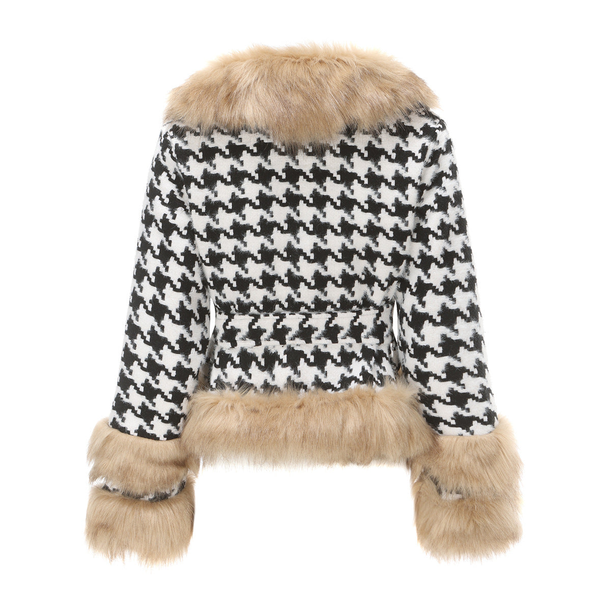 Plaid Detachable Short Fur Collar Houndstooth Coat