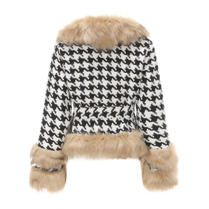 Plaid Detachable Short Fur Collar Houndstooth Coat