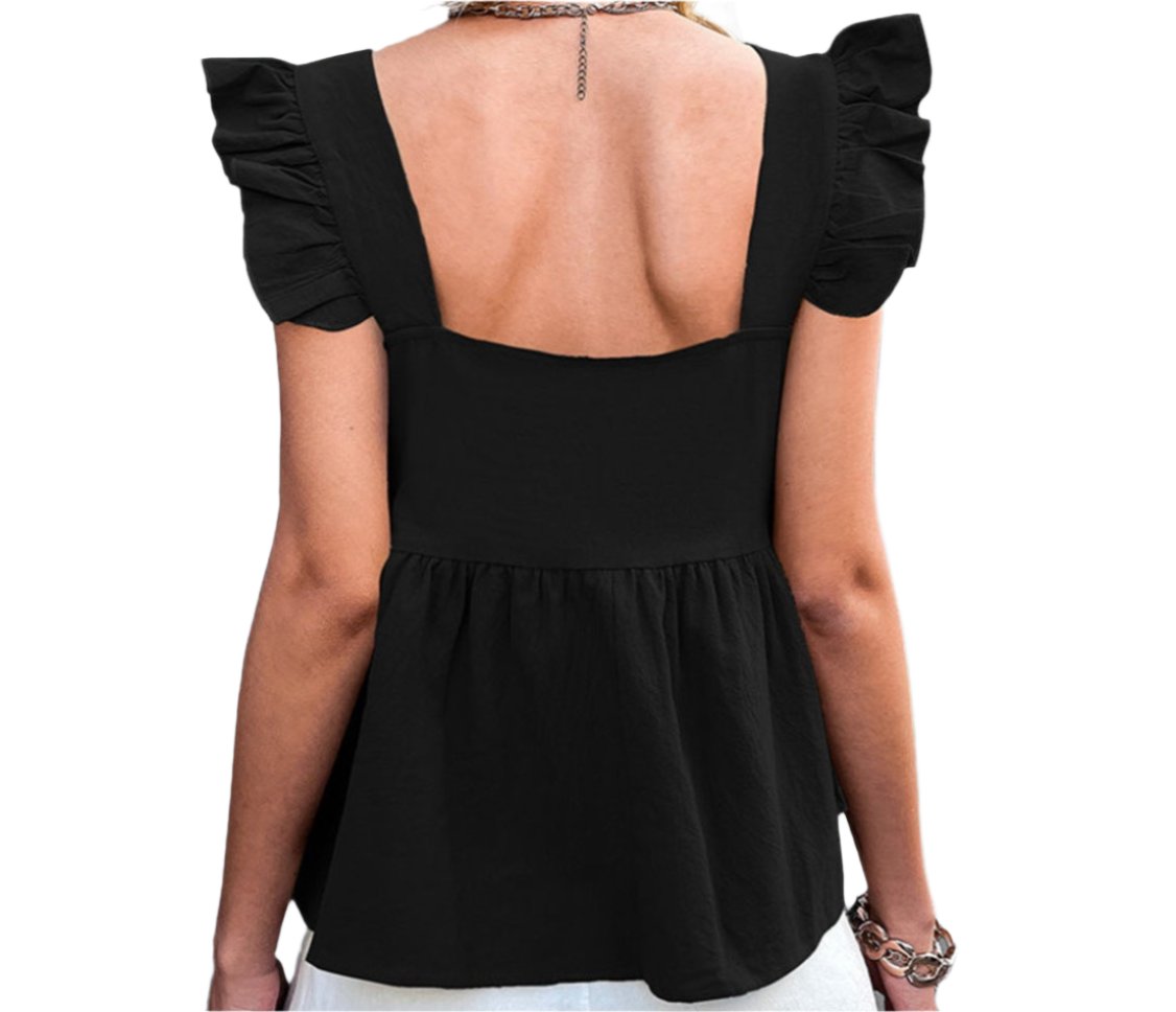 Solid Color U-Collar Ruffled Sleeveless Top