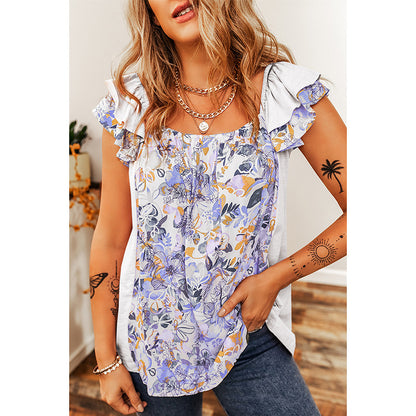 Summer Square Collar Floral Flounce Sleeveless Top