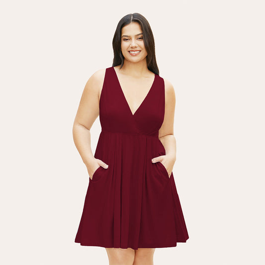 Plus Size Elegant V-Neck High Waist Pullover A-Line Mid Length Dress