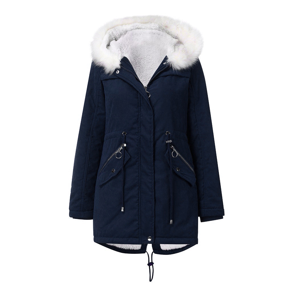 Cotton Padded White Fur Collar Parka Mid Length Hooded Coat