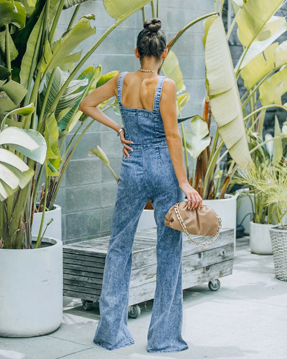 Casual Washed Suspender Flare Jumpsuit