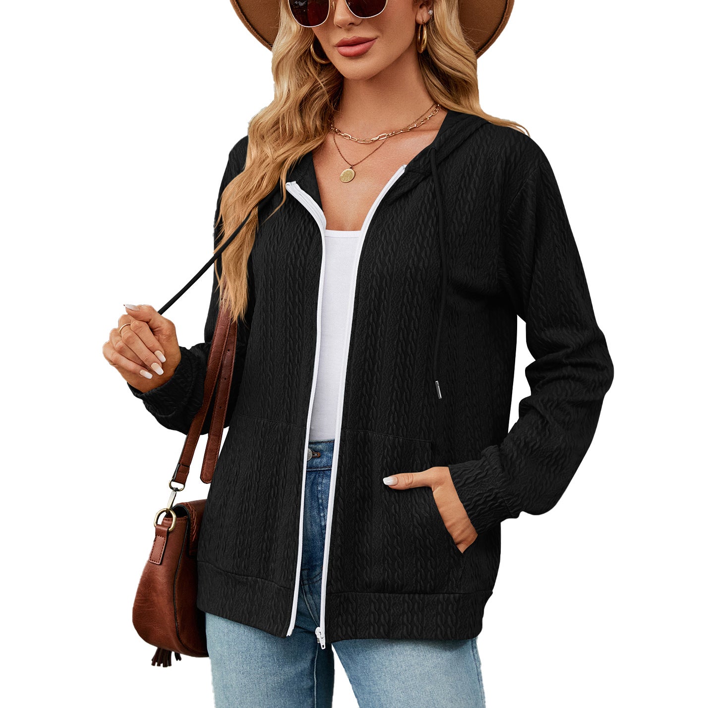 Loose Long-Sleeve Hooded Zip Jacket