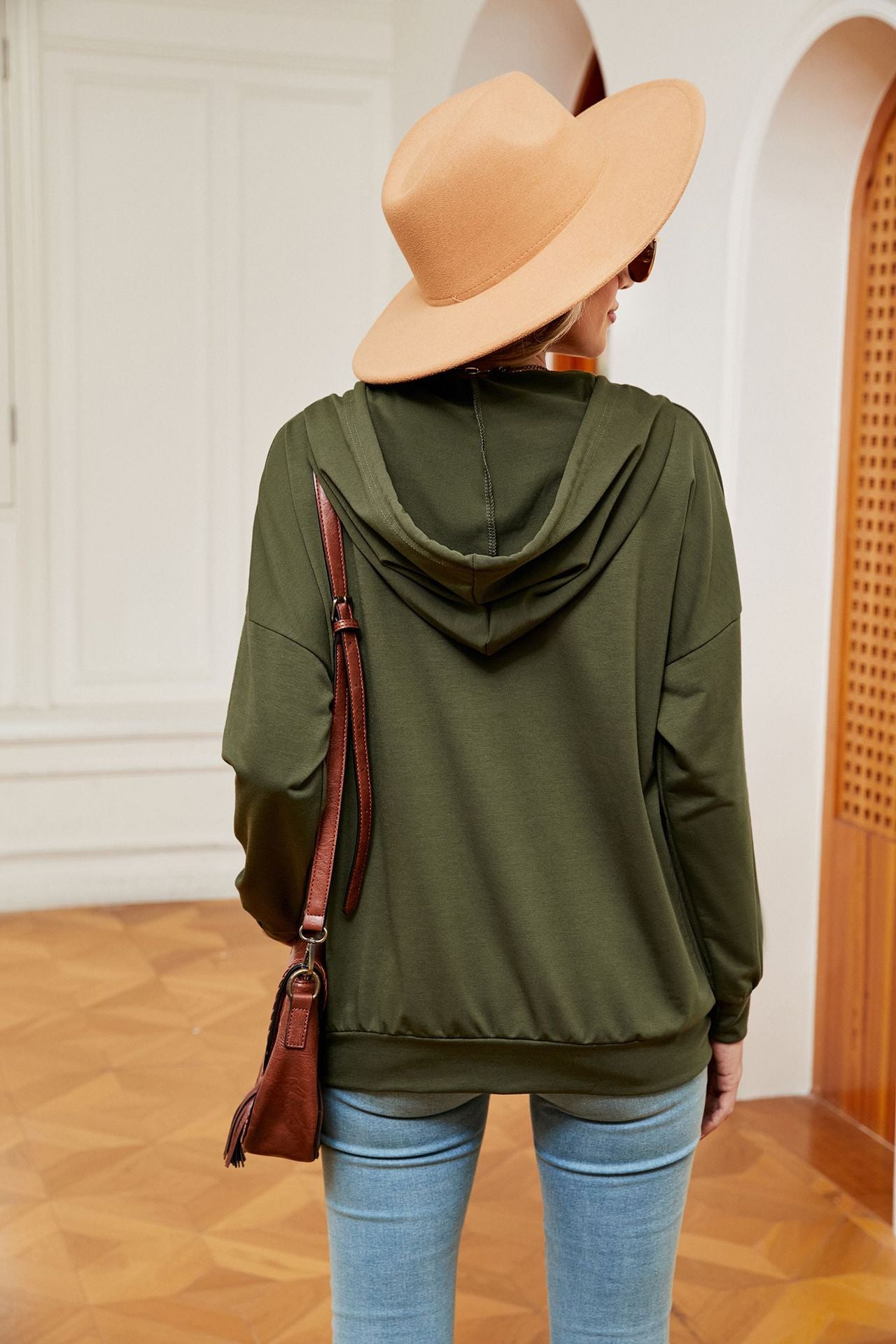 Solid Color Buttons Drawstring Pocket Loose Long-Sleeve Sweatershirt