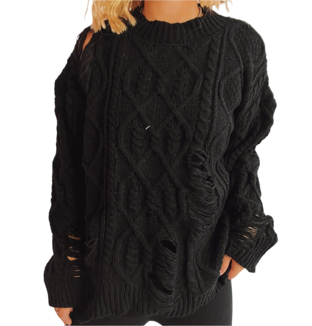 Hollow Cutout Ripped Design Cable Loose Sweater