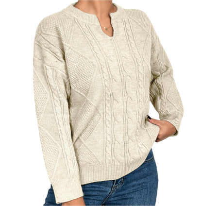 Elegant V-neck Twist Thread Geometric Abstract Pattern Knitted Sweater