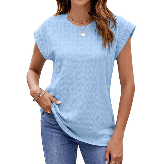 Solid Color Jacquard Loose Fitting Round Neck Short Sleeve Top