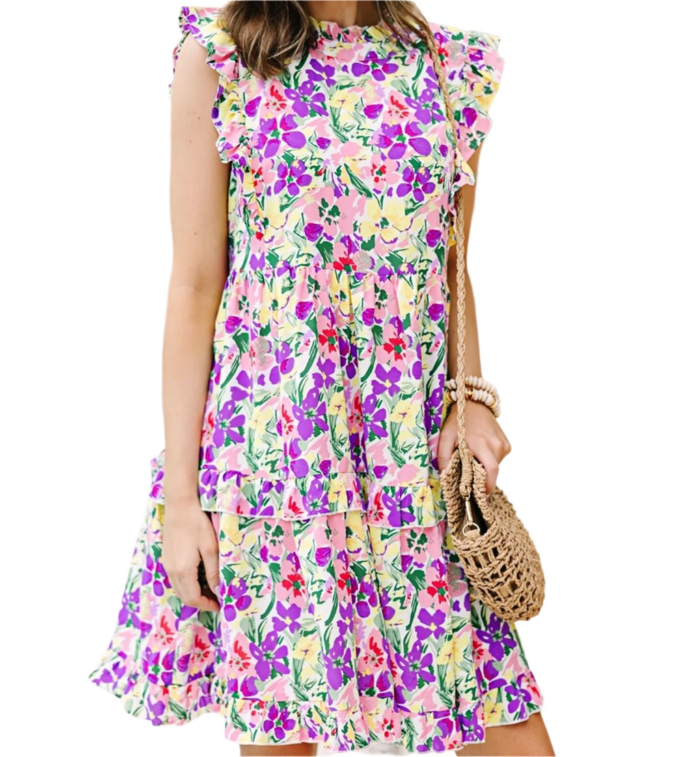 Printed Ruffle Sleeve Tiered Dress