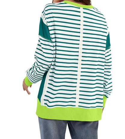 Multicolor Hoodie Striped Color Contrast Long Sleeve Pullover Sweater